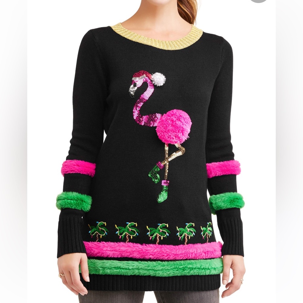 Ugly Christmas sweater pretty flamingo palm trees 99 Jane street tropics small